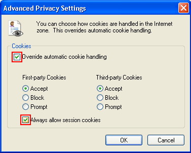 Enabling Cookies Override Automatic Cookie Handling, Always accept session cookies