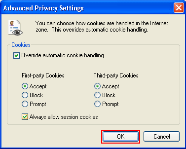 Enabling Cookies Override Automatic Cookie Handling, Always accept session cookies