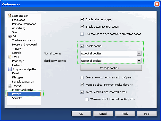 Enabling Cookies IE Opera 7.x Privacy